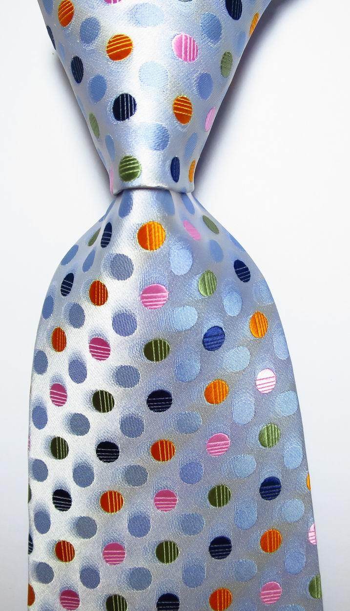 VacationGrabs gold green necktie set featuring colorful polka dots on a silver background