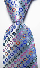 VacationGrabs Gold Green Necktie Set featuring a vibrant pattern of colorful circles on a silver background