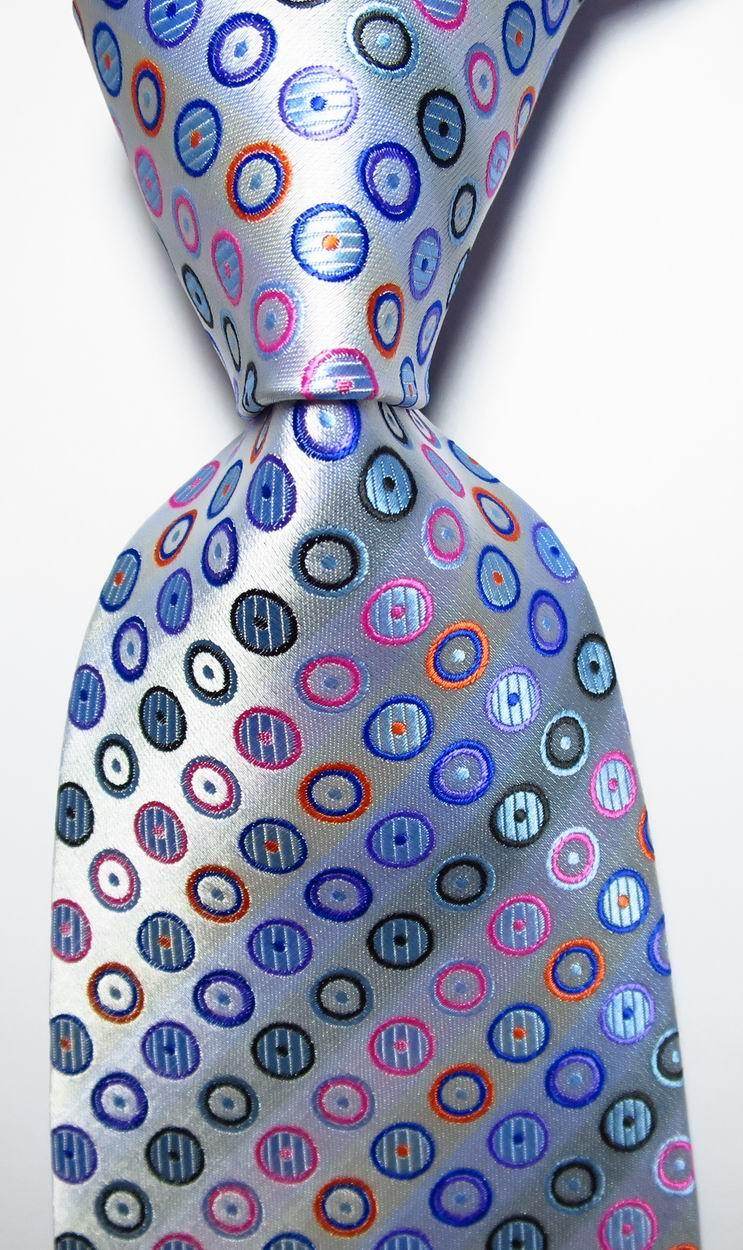 VacationGrabs Gold Green Necktie Set featuring a vibrant pattern of colorful circles on a silver background