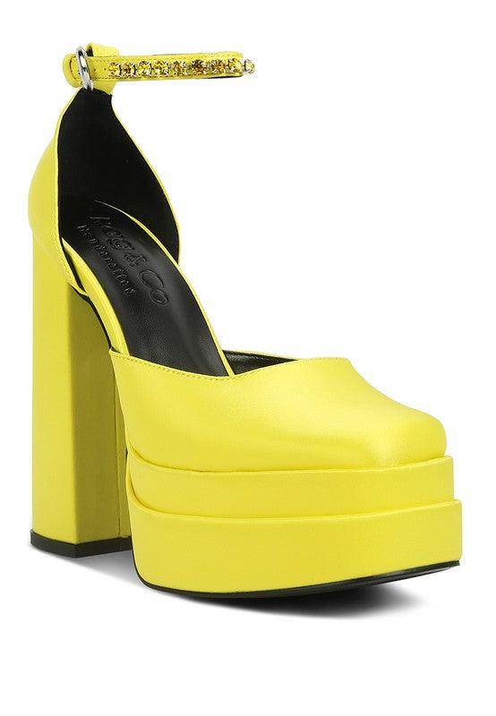 Stylish yellow platform heels with ankle strap and chunky heel from Rag Company for trendy outfits