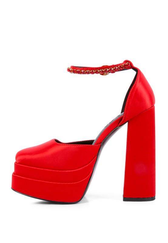 Stylish red high heel platform shoes with ankle strap for modern women's fashion
