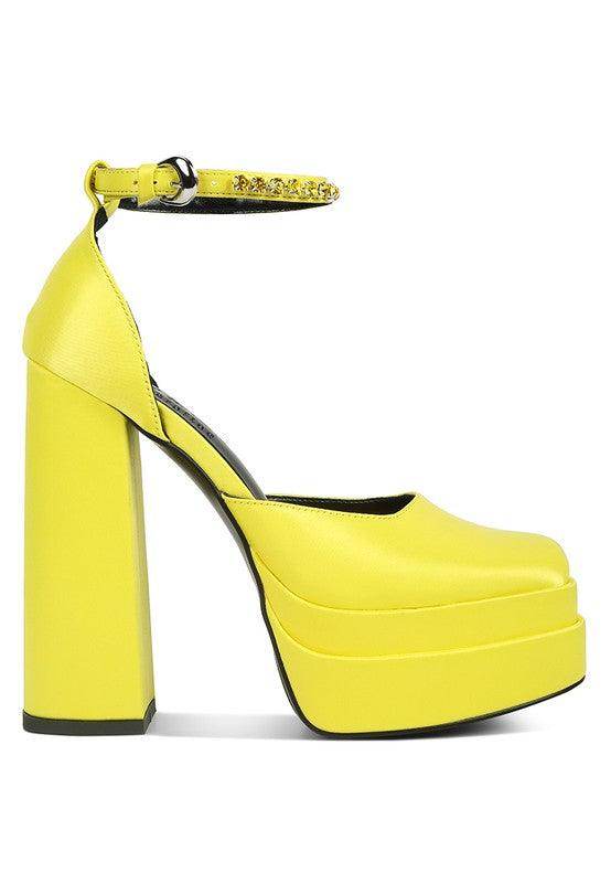 Stylish yellow platform heels with ankle strap, perfect for pairing with the Green Martini Sandals