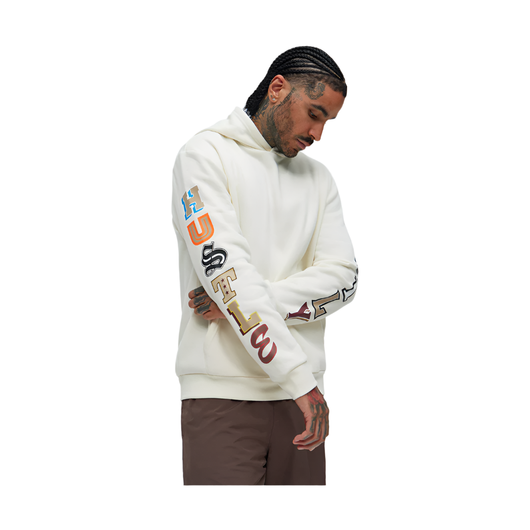 VacationGrabs men's white hustle daily hoodie for vacation with colorful sleeve lettering