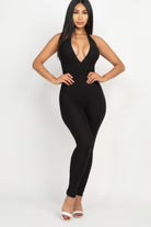Stylish black ribbed bodycon jumpsuit for women featuring a deep V-neck and form-fitting silhouette