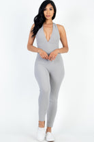Gray ribbed bodycon jumpsuit for women with a plunging neckline and fitted look