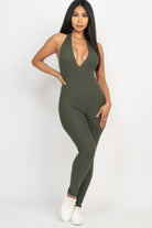 Green ribbed bodycon jumpsuit for women featuring a halter neckline and form-fitting silhouette