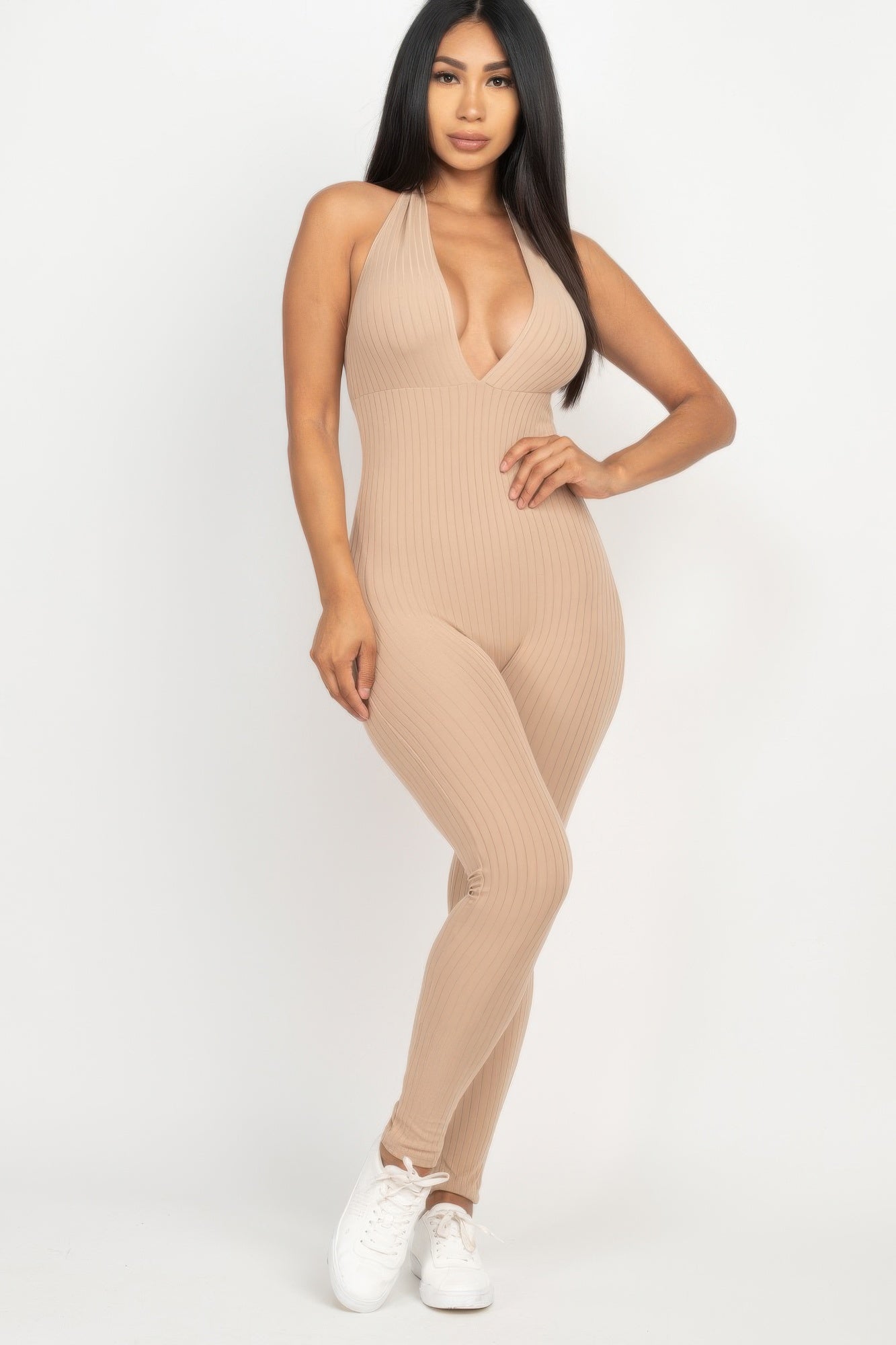 Stylish ribbed bodycon jumpsuit for women in beige with deep V-neck design