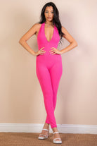 Bright pink ribbed bodycon jumpsuit for women with a deep V-neck design, perfect for stylish summer outings