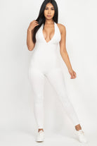 White ribbed bodycon jumpsuit for women with a deep V neckline, ideal for casual outings