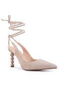 Beige lace up cut out sandals for women with unique ball heel