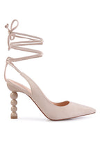 Beige lace up cut out sandals for women with unique bead heel