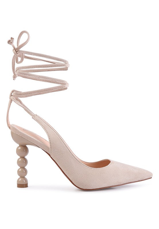 Beige lace up cut out sandals for women with unique bead heel