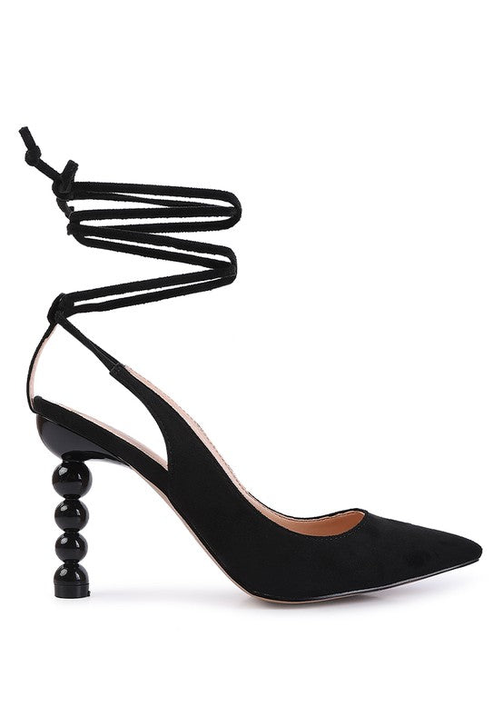Black lace up cut out sandals for women with stylish heel