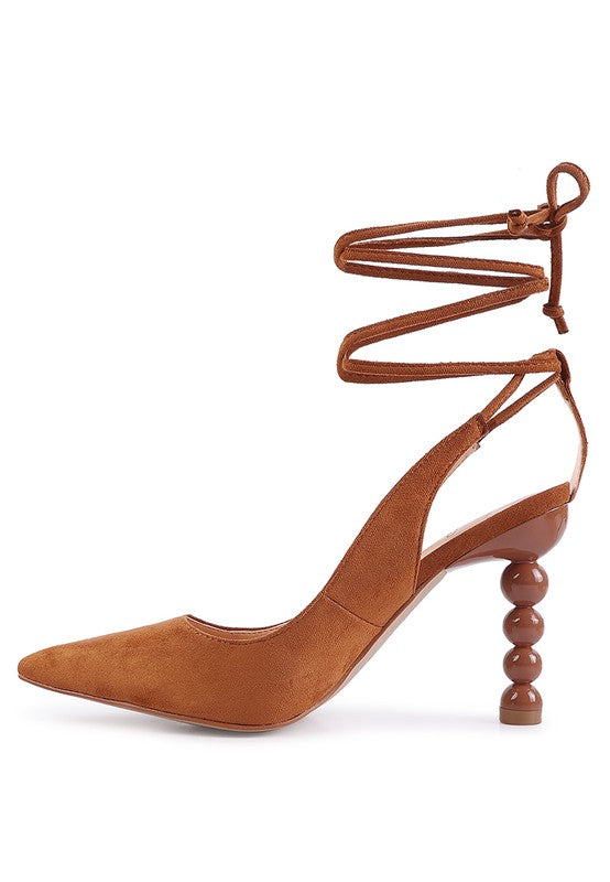 Women's lace up cut out sandals for women, tan suede, stylish evening wear