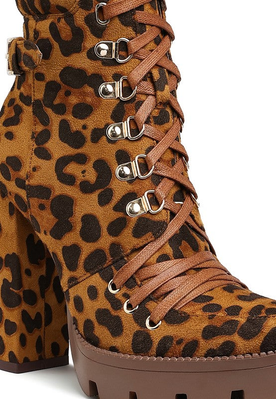 Rag Company ladies lace up snakeskin ankle boots with chunky heel and leopard print design