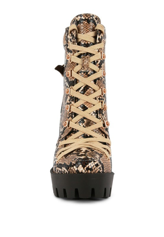 Rag Company ladies lace up snakeskin ankle boots with thick black sole and beige laces