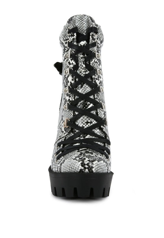Rag Company ladies lace up snakeskin ankle boots with black laces and chunky sole