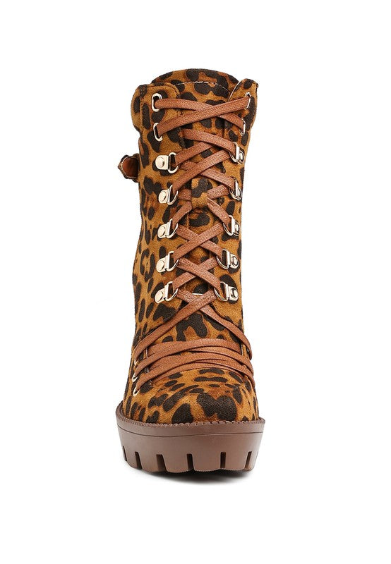Rag Company ladies lace up snakeskin ankle boots in brown with chunky sole and metal eyelets