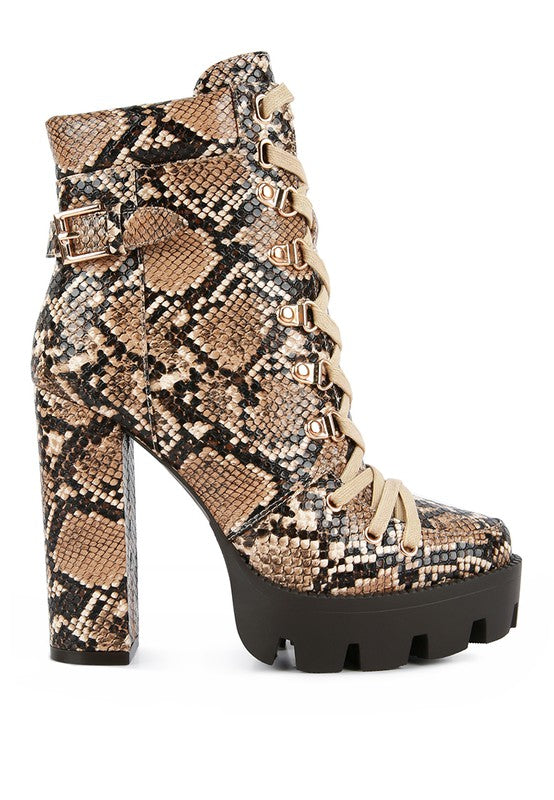Rag Company ladies lace up snakeskin ankle boots with chunky heel and buckle detail