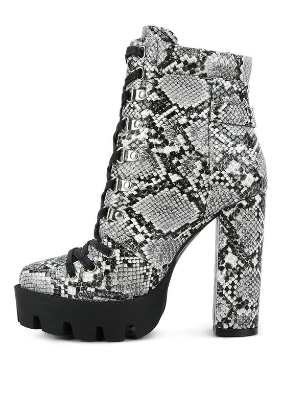 Rag Company ladies lace up snakeskin ankle boots with chunky high heel and platform sole