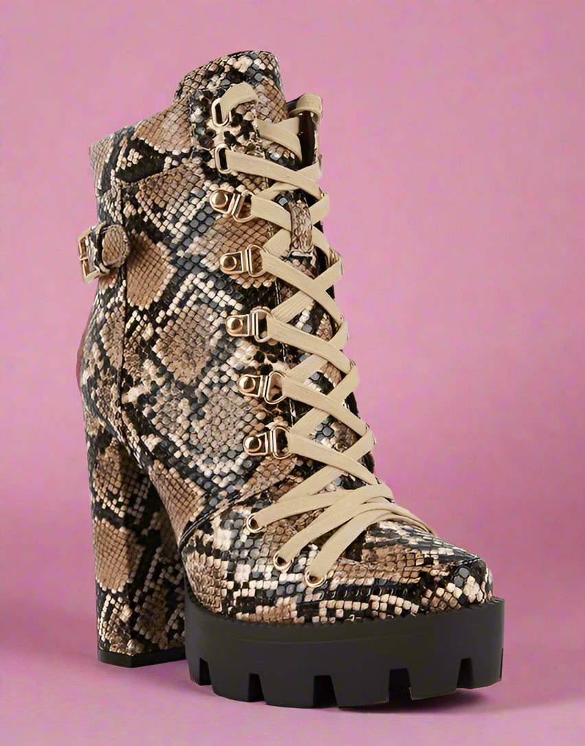 Rag Company ladies lace up snakeskin ankle boots with chunky heel and lug sole in neutral tones
