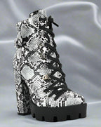 Rag Company ladies lace up snakeskin ankle boots with chunky high heel and black laces