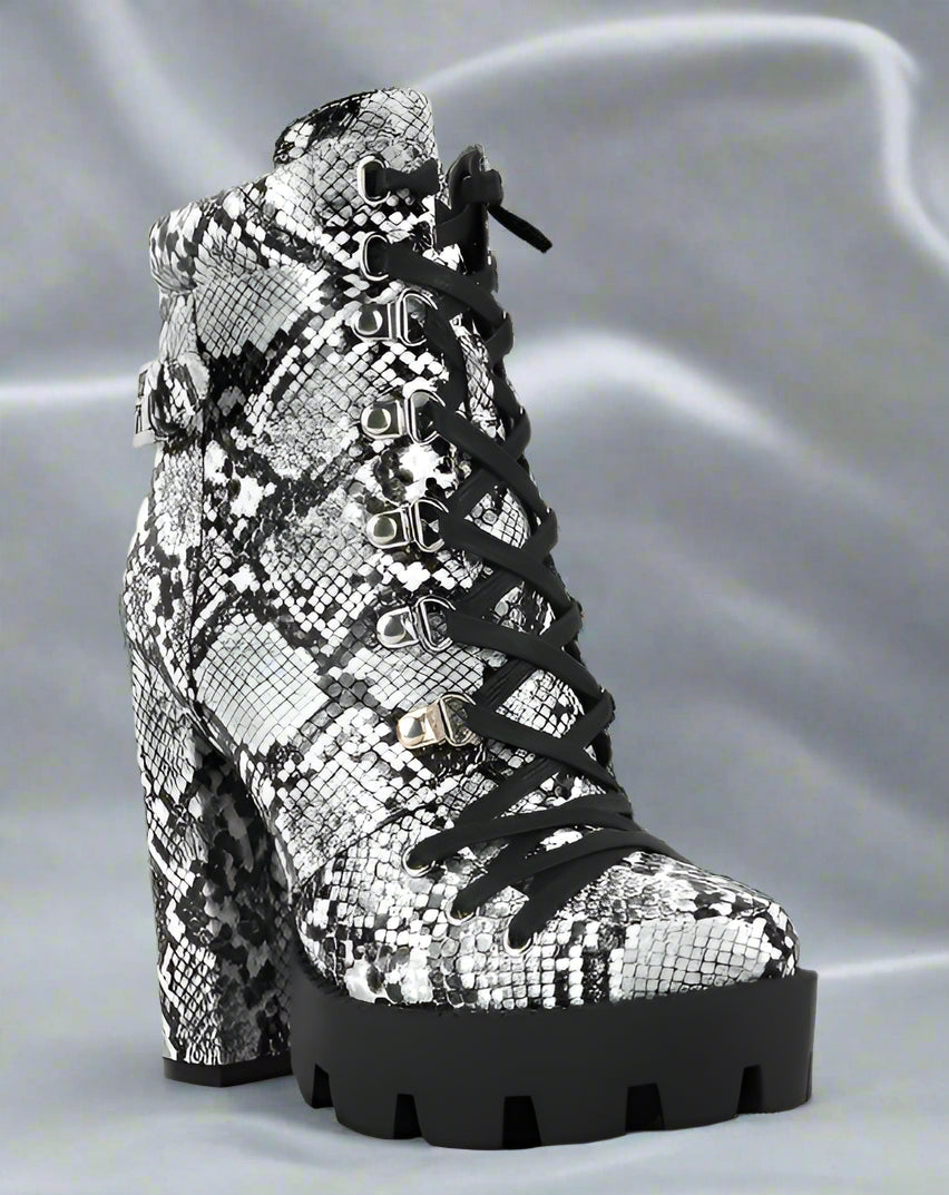 Rag Company ladies lace up snakeskin ankle boots with chunky high heel and black laces