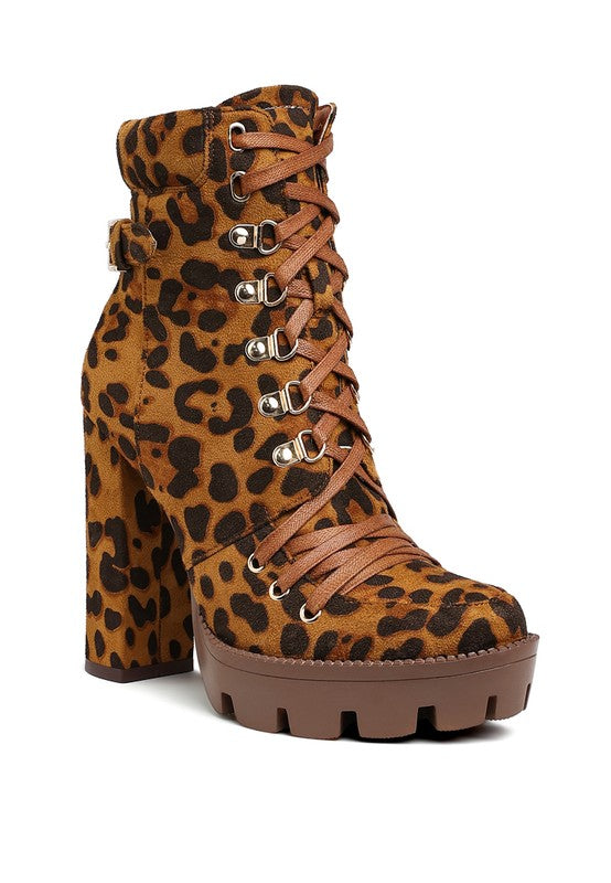 Rag Company ladies lace up snakeskin ankle boots with chunky heel and brown leopard print design