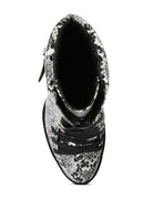Top view of Rag Company ladies lace up snakeskin ankle boots in black and white pattern