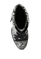 Top view of Rag Company ladies lace up snakeskin ankle boots in black and white pattern