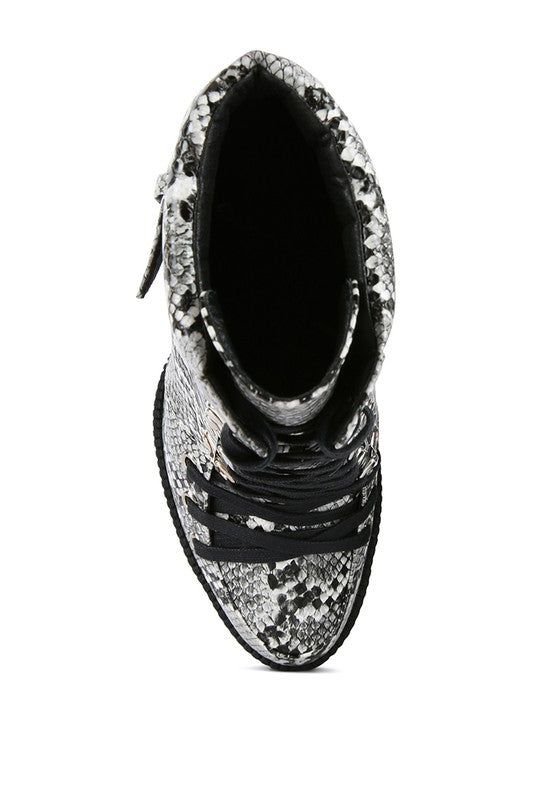 Top view of Rag Company ladies lace up snakeskin ankle boots in black and white pattern