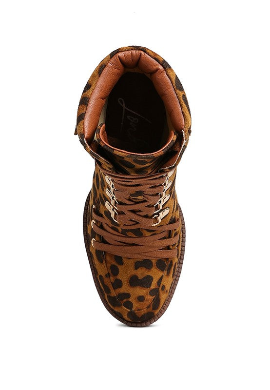 Rag Company ladies lace up snakeskin ankle boots in brown leopard print with metal eyelets