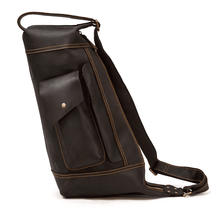 Stylish leather travel backpack for men with adjustable strap and exterior pocket for easy access