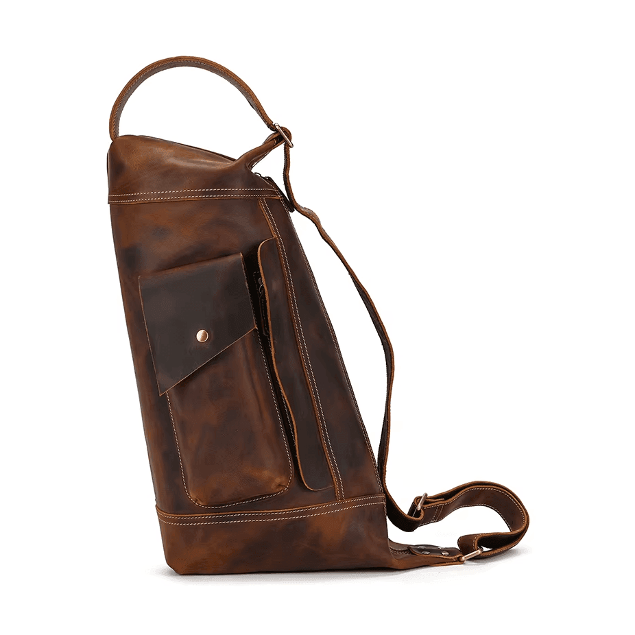 Stylish leather travel backpack for men with a spacious main compartment and front pocket