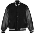WEIV black letterman jacket for men with leather sleeves and striped ribbed collar