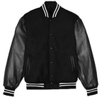 WEIV black letterman jacket for men with leather sleeves and striped ribbed collar