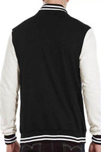 Stylish WEIV letterman jacket for men with a black body and white sleeves, designed for a modern look