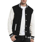 WEIV Men's Letterman Jacket for men in black and white with striped collar and button closure