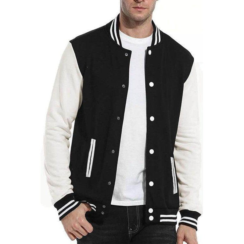 WEIV Men's Letterman Jacket for men in black and white with striped collar and button closure
