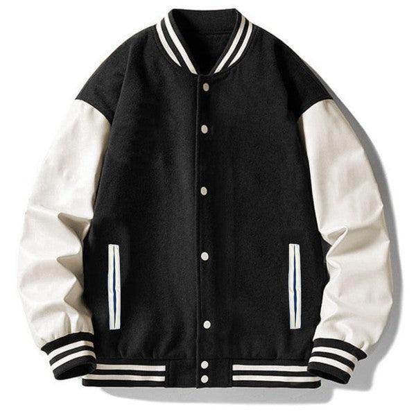 WEIV letterman jacket for men in black and white with classic striped collar and cuffs