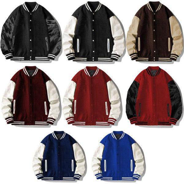 Collection of WEIV letterman jackets for men in various colors with classic design and contrasting sleeves