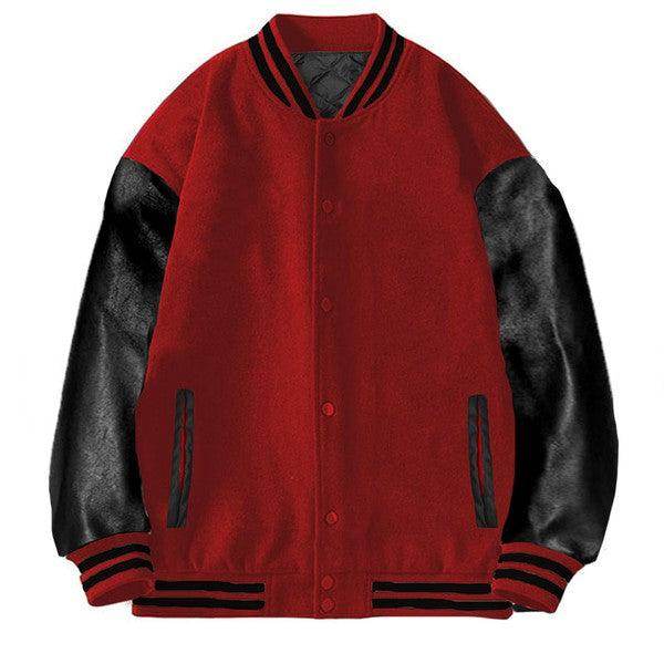 WEIV Red Letterman Jacket for Men with Black Leather Sleeves and Contrast Stripes