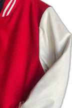 WEIV Red Letterman Jacket for Men with White Leather Sleeves and Ribbed Collar