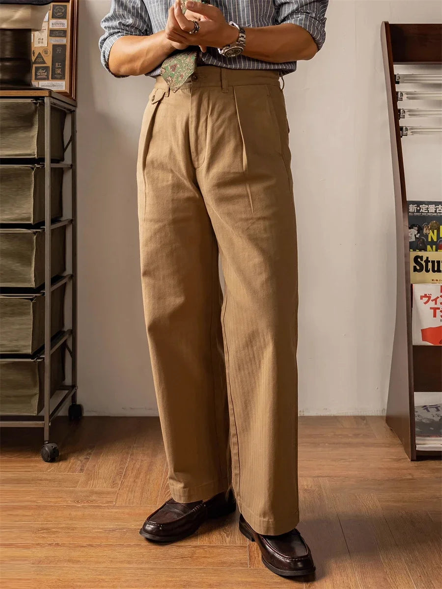 Men's high rise wide leg trousers in tan, ideal for casual outings