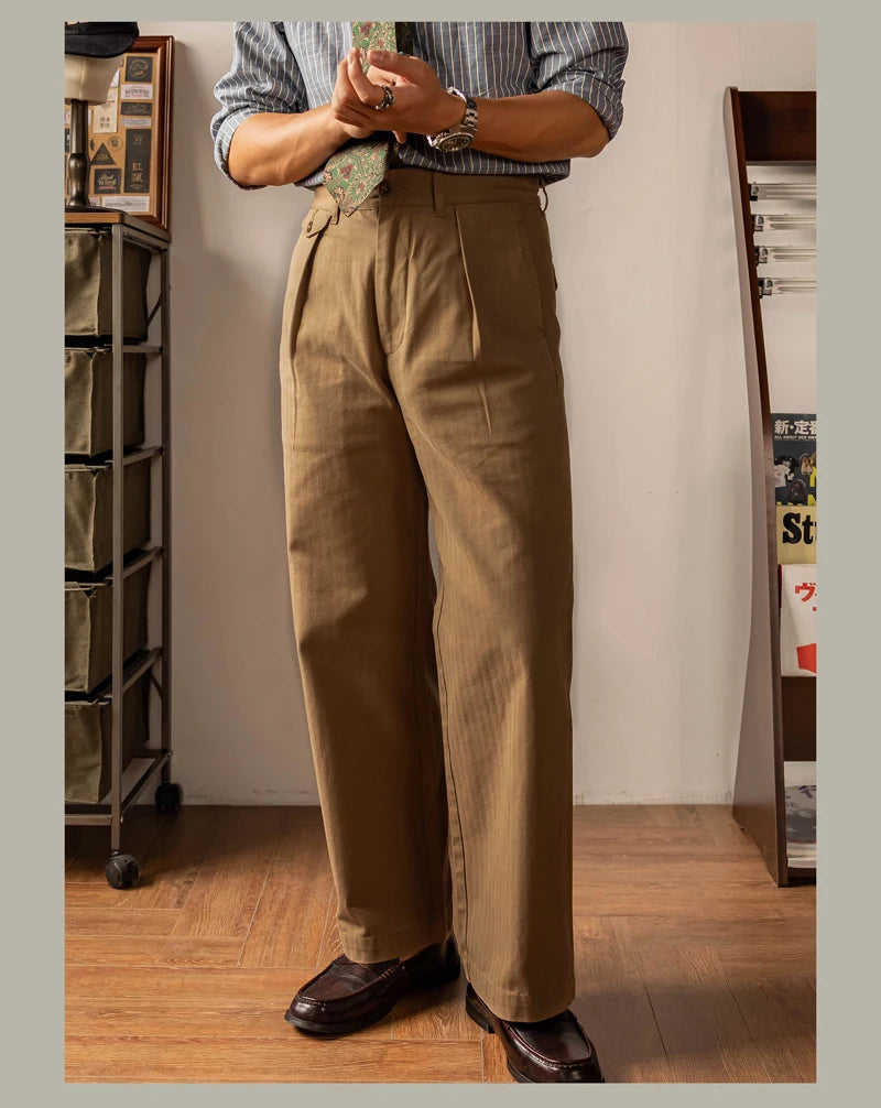 Men's high rise wide leg trousers in brown cotton for casual wear