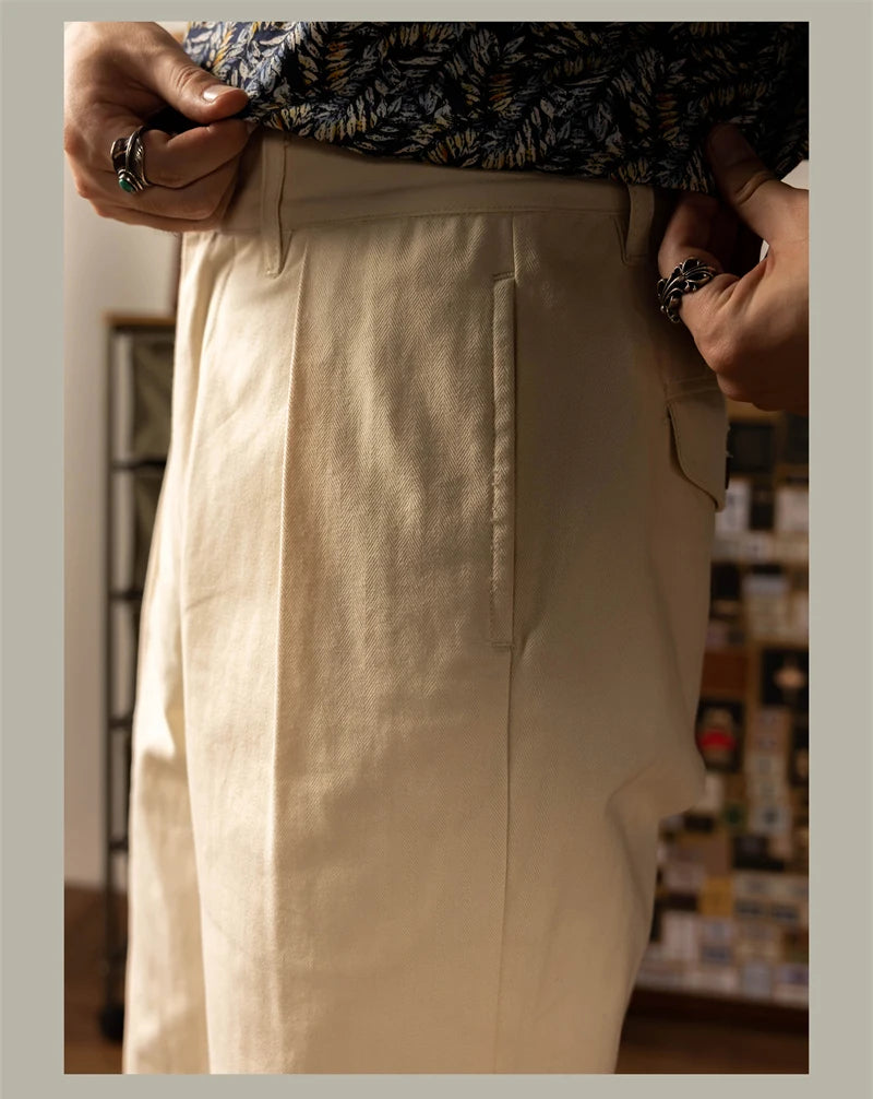 Men's high rise wide leg trousers in beige, perfect for casual outings