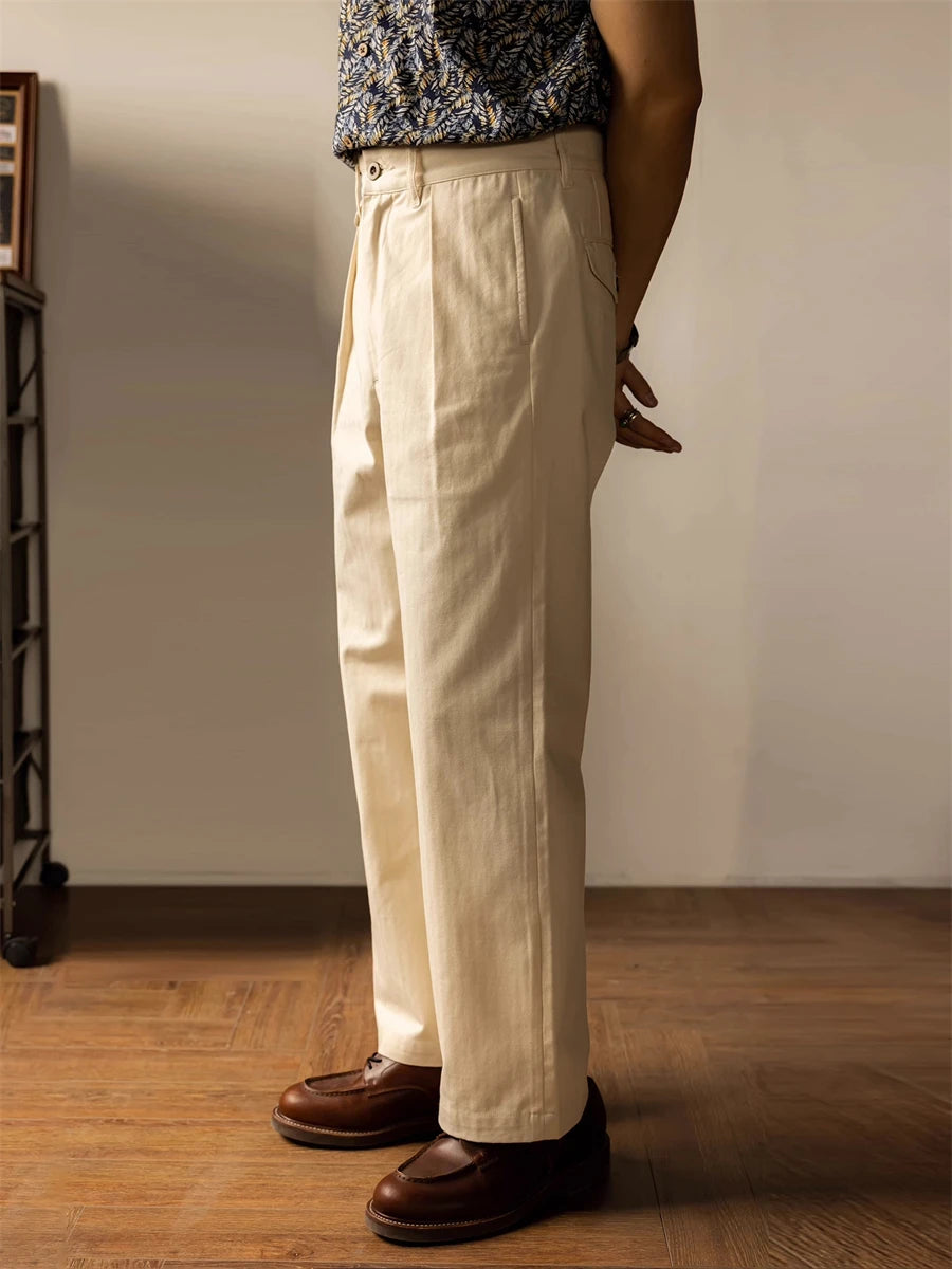 Men's high rise wide leg trousers in cream, perfect for casual outings