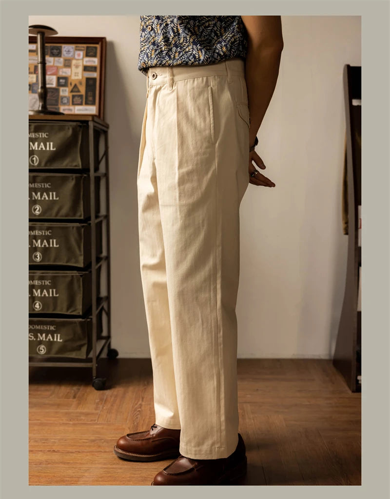 Men's high rise wide leg trousers in beige, perfect for casual outings