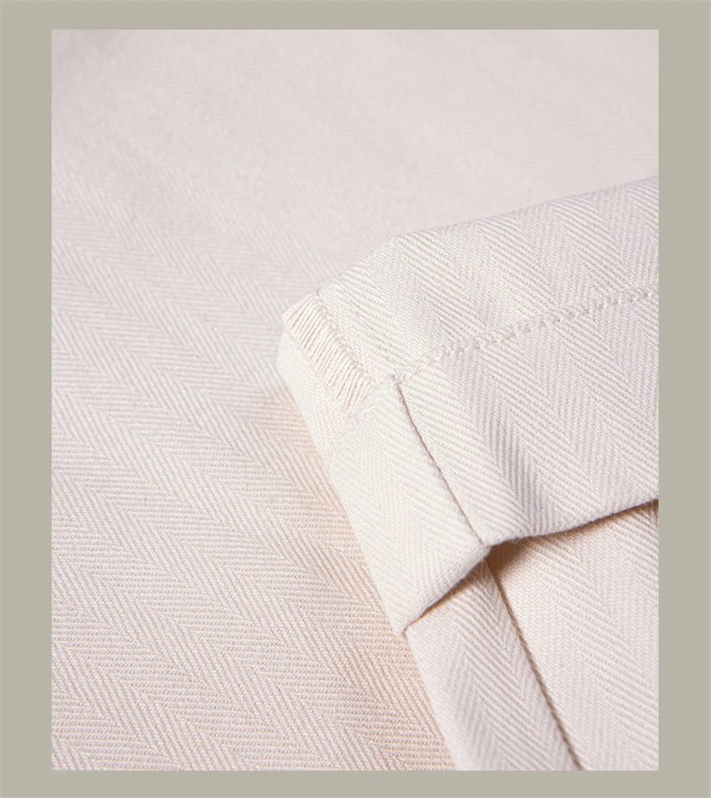 Men's high rise wide leg trousers in light beige herringbone fabric