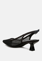 Stylish black mesh pointed toe mules with a unique heel design for women by London Rag International